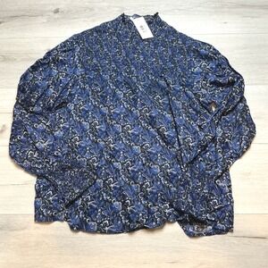 SONMER Katie Blouse Womens Medium Black Blue Floral Paisley Smocked NWT